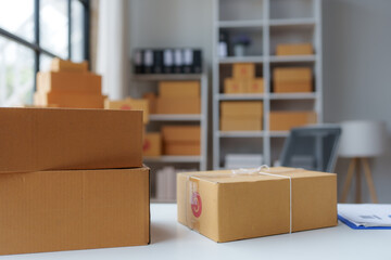 Cardboard boxes are stacked and ready for shipping in a warehouse or office, demonstrating the...
