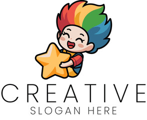 Happy Child Holding Golden Star Cute Cartoon Illustration Design kid logo joyful vector bright      