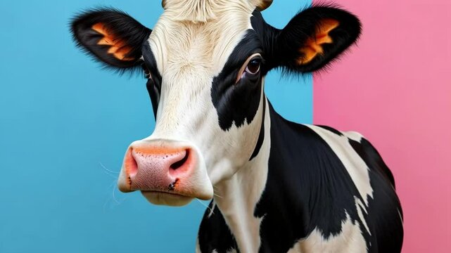 Holstein cow on split blue and pink background
