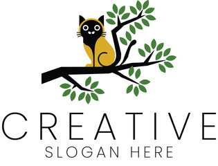 Cute Golden Cat Sitting on Branch Green Leaves Nature Pet Tree Logo Flat Image Animal Design Vector 