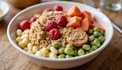 Photo of a gourmet sweet food bowl, emphasizing freshness and indulgence.