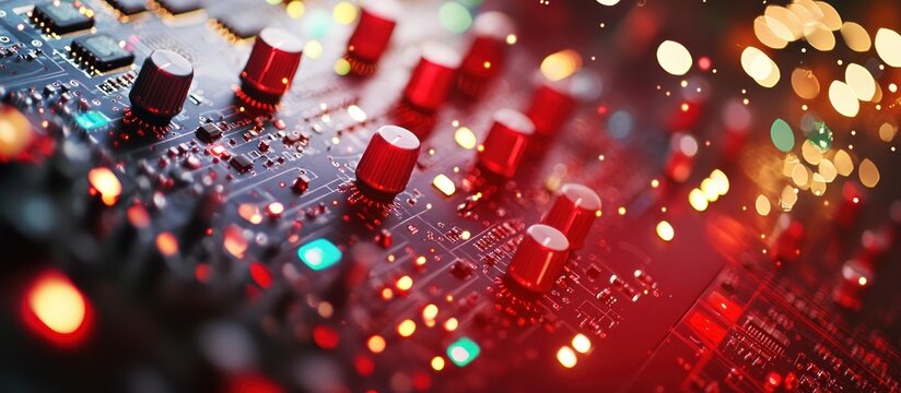 an abstract close-up rendering of electronic components with red knobs and lights creating a dynamic blend of technology and futuristic aesthetics that conveys energy and precision