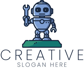Cute Robot Mechanic Holding Wrench Digital Art Illustration AI Logo Design Vector Gadget Future     