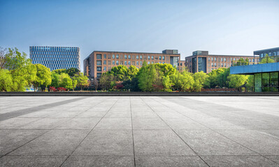 Modern Urban Landscape Featuring Sleek Buildings and Lush Greenery