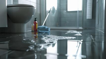 flooded bathroom plumbing disaster toilet flood, burst pipe. Toilet leak home sewer line with overflowing toilet. Drowning bathtub, indoor flood, flooded toilet overflowing tub