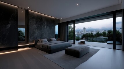 Modern master bedroom with city views. Dark stone wall, light wood floors, and large windows. Luxurious and spacious