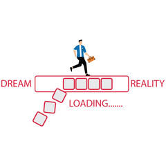Transition of dreams into reality concept with a man running on the loading bar symbol, Realizing the dream
