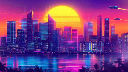 Obraz premium Futuristic city skyline at sunset, glowing neon lights, clean cyberpunk aesthetic