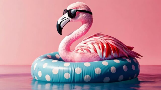 Flamingo with sunglasses on a polka dot float in calm water against pink background