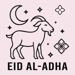 Minimal Line Art Goat with Crescent Moon and Stars ? Modern Eid ul Adha Islamic Design.eps