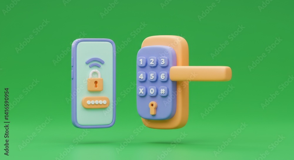 Poster smart lock system displaying on a smartphone with digital door lock for home security and automated 