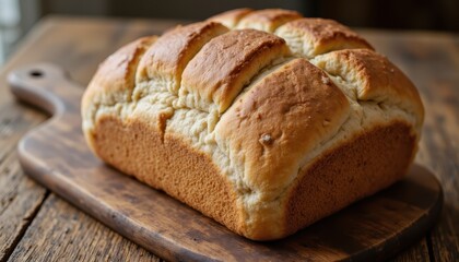 Naklejka premium Photo of freshly baked bread on a rustic wooden table, highlighting its gourmet appeal.