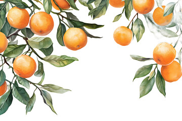 Watercolor painting of orange fruits hanging from branches with green leaves on a black background