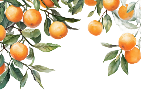 Watercolor painting of orange fruits hanging from branches with green leaves on a black background