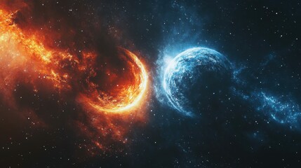 Obraz premium Stunning cosmic duality with fiery orange and icy blue nebulae converging in space, symbolizing balance, energy, and the universe's contrast.