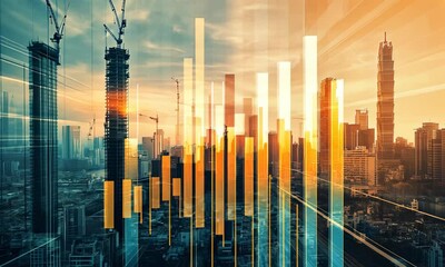 double exposure of a rising bar graph overlaid with a cityscape under construction, representing economic growth and urban development - Powered by Adobe