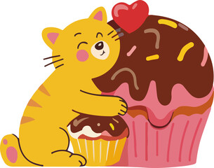 A sweet illustration of a yellow cat hugging a chocolate cupcake with a red heart on top, next to a larger pink cupcake. Cute and charming.