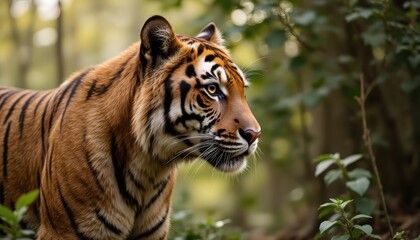 Obraz premium Photo of a Bengal tiger with a focused gaze, seemingly admiring the beauty of the surrounding natural environment