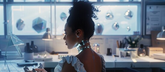 A jewelry designer in a modern studio with an AI assistant as a holographic interface providing design options and material suggestions. Bright lighting highlights details. AIG60