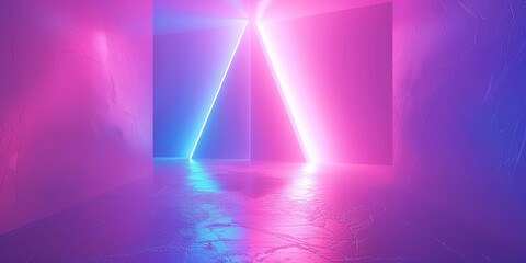 Fototapeta premium Isolated in white background,3d render, abstract neon background, pink blue violet light, ultraviolet triangular hole in the wall. Window, open door, gate, portal. Corridor, tunnel entrance.