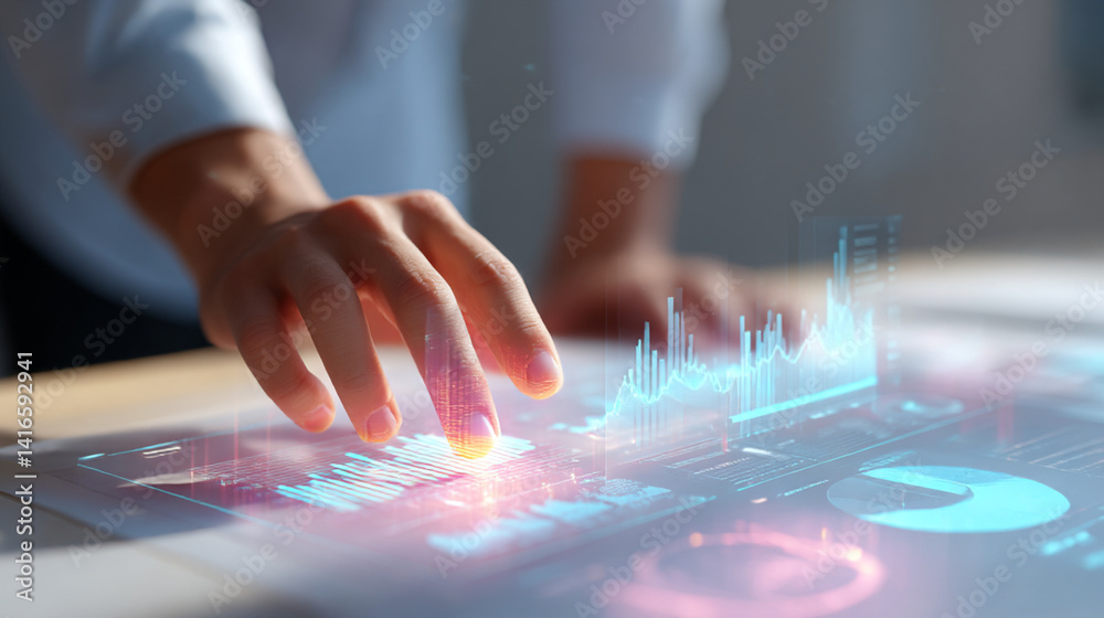 Poster data analysis dashboard visualization with hands touching interactive screen technology