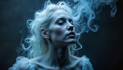 Ethereal woman gazing with confidence amidst swirling smoke beauty
