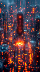 Obraz premium Futuristic city with glowing infrastructure and vibrant lights, showcasing advanced technology