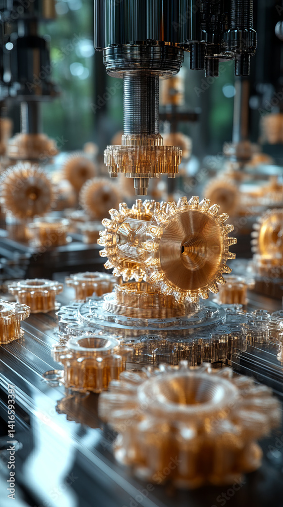 Poster hyper realistic 3d print of mechanical components showcasing intricate gears and cogs