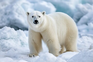 A fluffy white polar bear standing proudly in the snow, its fur stark against the icy background