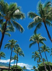 Fototapeta premium Tropical palm tree silhouette against clear blue sky from ground view, exotic beach vibe for hospitality campaigns 