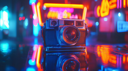 Photography gear, no artificial colors futuristic camera. Camera background, happy photographer day. camera purple. Colorful camera aesthetic icon. old new camera, photo lens