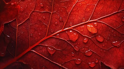 Fototapeta premium Close-up view of a vibrant red leaf covered in water droplets.
