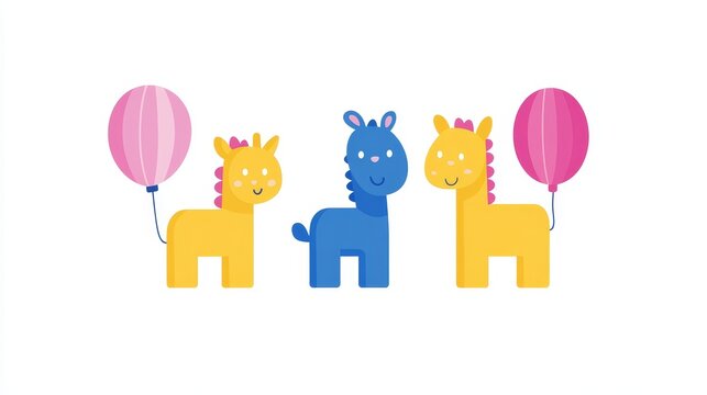 Delightful pixel art giraffe trio celebrating with vibrant balloons creating a cheerful invitation card for newborn's first birthday celebration event