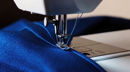Close Up of a Sewing Machine Needle Stitching Blue Fabric with Precision and Care : Generative AI