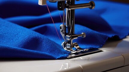 Close Up of a Sewing Machine Needle Stitching Blue Fabric with Precision and Care : Generative AI