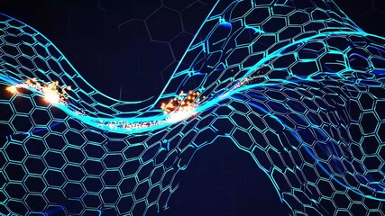 Illuminated blue hexagon grid with orange sparks and flowing light on a dark background design element