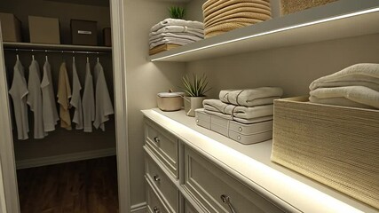Organized walk-in closet, drawers, shelves, clothes, towels