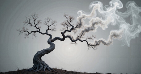 Whimsical tree with smoke-like tendrils surreal nature art