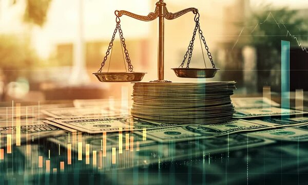 double exposure of a stack of money overlaid with a balanced scale and a graph showing steady growth, representing economic stability