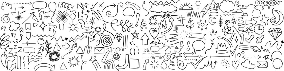Hand drawn sketch elements set. Arrow icon vector collection. Hand drawn arrow illustration sign.