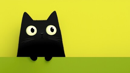 Fototapeta premium Cute black cat peeking over a lime green surface