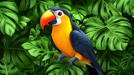 Vibrant macaw illustration against backdrop of lush green tropical foliage evoking feelings of nature exotic wildlife birdlife beauty