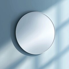 Round mirror on wall. Light shines