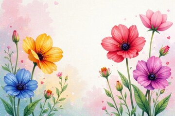 Watercolor flowers in vibrant hues against a soft pastel background, garden, colorful, sunshine