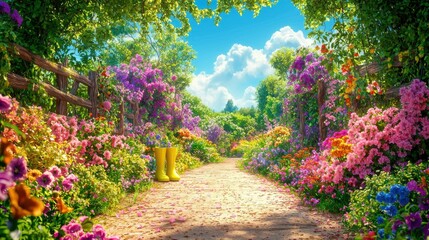 Blooming garden path with flowers, trees, and boots under a sunny sky