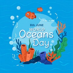 World Oceans Day Cartoon Poster with Jellyfish, Octopus and Coral Reef