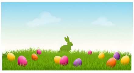 Fototapeta premium Easter egg hunt scene with bunny and colorful eggs