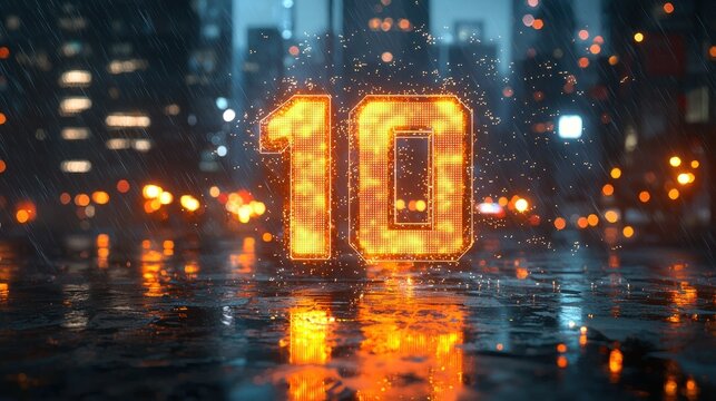 Glowing number ten on a wet city street at night - Powered by Adobe