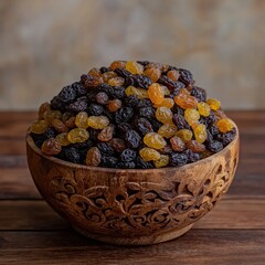 Raisins overflowing a carved wood bowl, rustic background