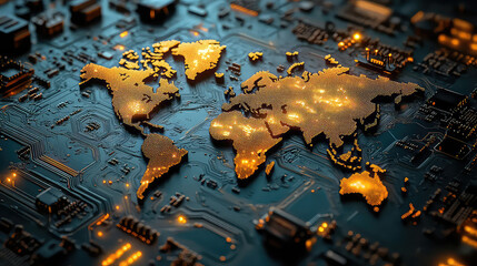 World Map on Illuminated Circuit Board